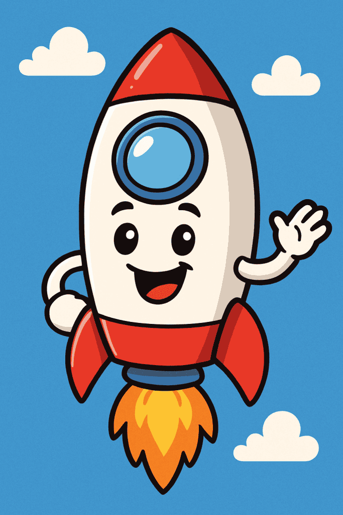 Cartoon rocket with a smiley face and waving hand.