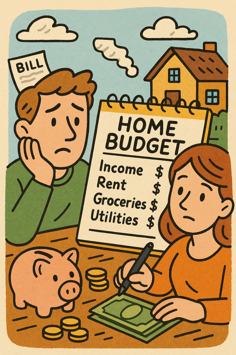 Illustration of a couple managing home budget and bills with a piggy bank.