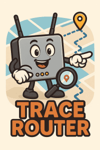 Cartoon router character pointing at a map