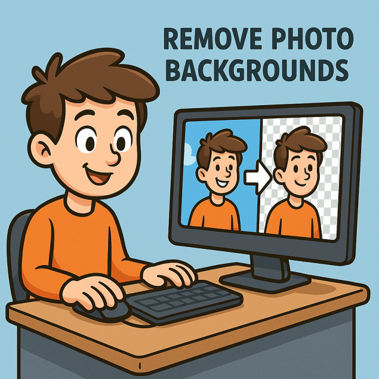 Boy using computer to remove photo backgrounds.
