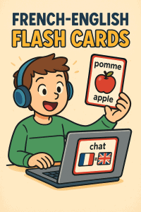 Child using flashcards for French-English learning.