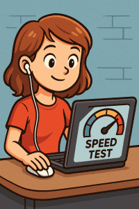 Girl taking an internet speed test on laptop.