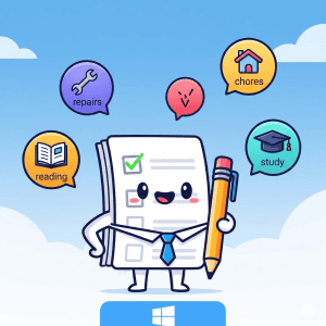 Character holding a checklist with various tasks.