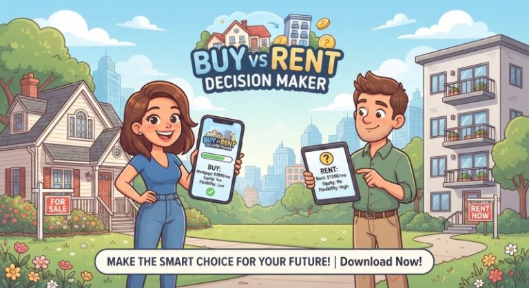 Cartoon advertisement for a buy versus rent decision maker app.